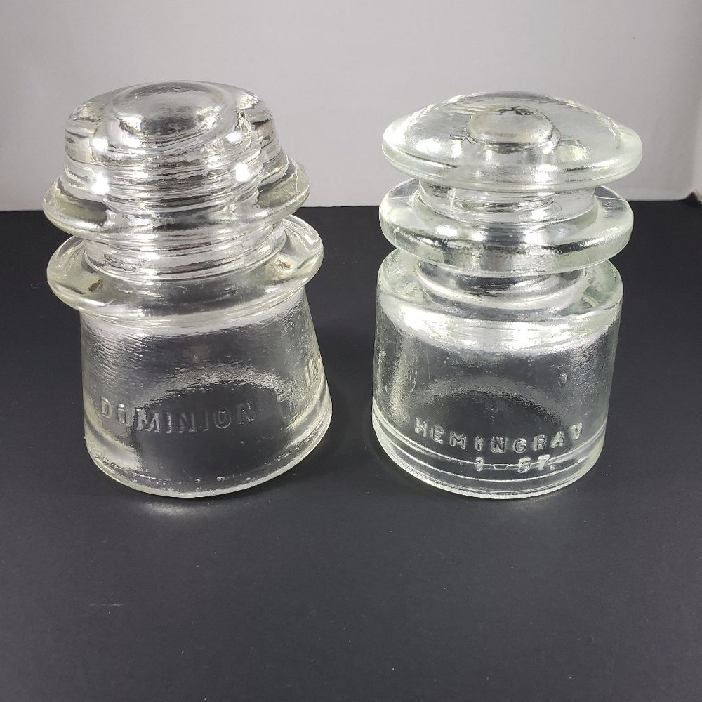 Pair of Colorless Glass Telephone Line Insulators Dominion and Hemingray 1950's